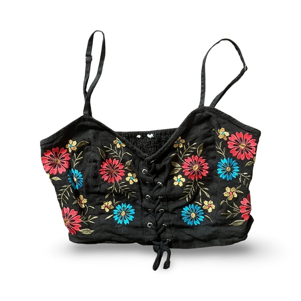 Forever 21 Women's Corset Bustier Embroidered Flower Linen Blend Size Medium - Picture 2 of 7